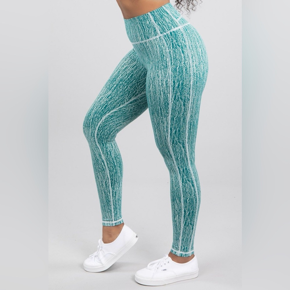 BuffyBunny Jacquard Teal White Workout High Rise Leggings Women’s Size Medium